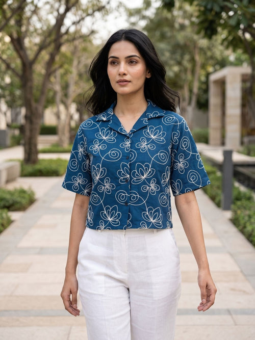 Aureline Blue Cropped Shirt